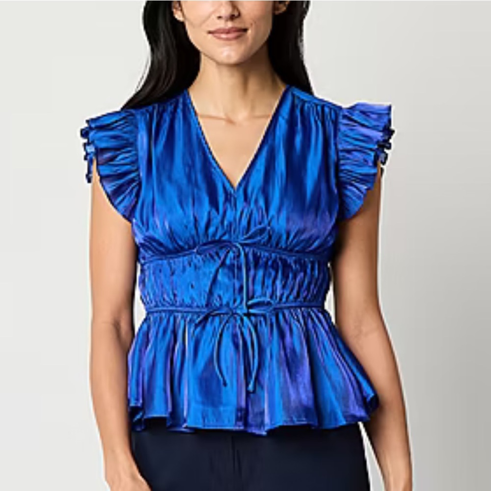 Blue Ruched Peplum Blouse
